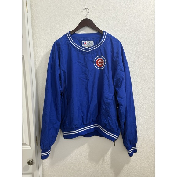 Vintage Mens Lg Chicago Cubs Jacket Blue Satin MLB 90s Pullover Baseball Russell - Picture 1 of 8